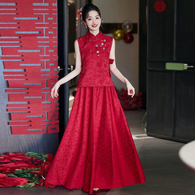 中式新娘敬酒服 結婚禮服裙 孕婦遮肚旗袍秀禾服, 酒紅色禮服,3XL, 酒紅色