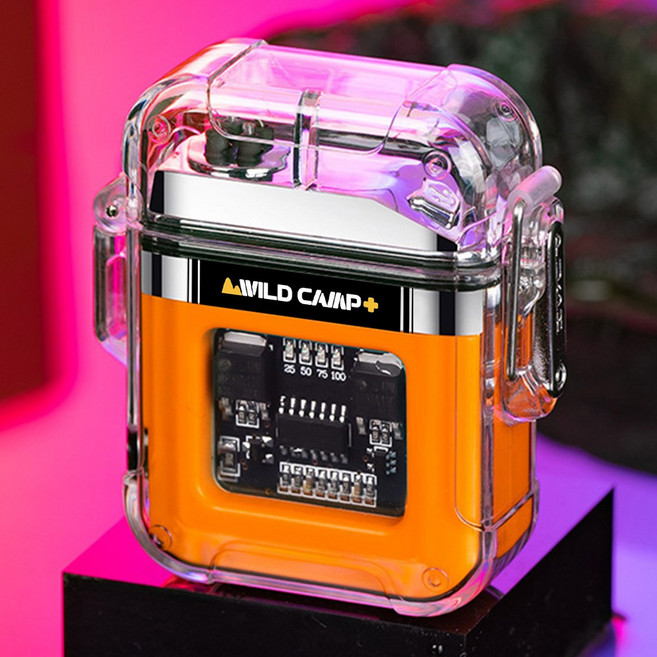 와일드캠프 미니 플라즈마 라이터 투명 아크 전기 라이터 LED 캠핑 랜턴 겸용 C타입 USB 충전식 미니 방수 스파크 라이타 조명, 1개, 오렌지