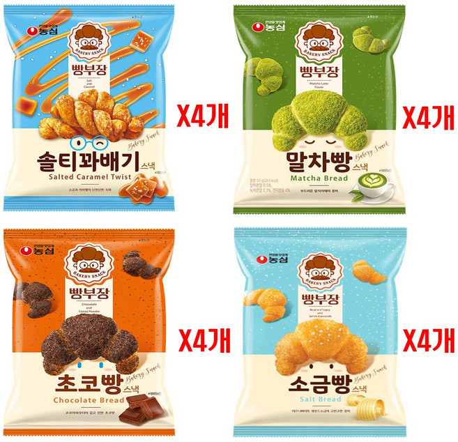 농심 빵부장 소금빵+솔티꽈배기+초코빵+말차빵 55g 4개씩, 16개, 220g
