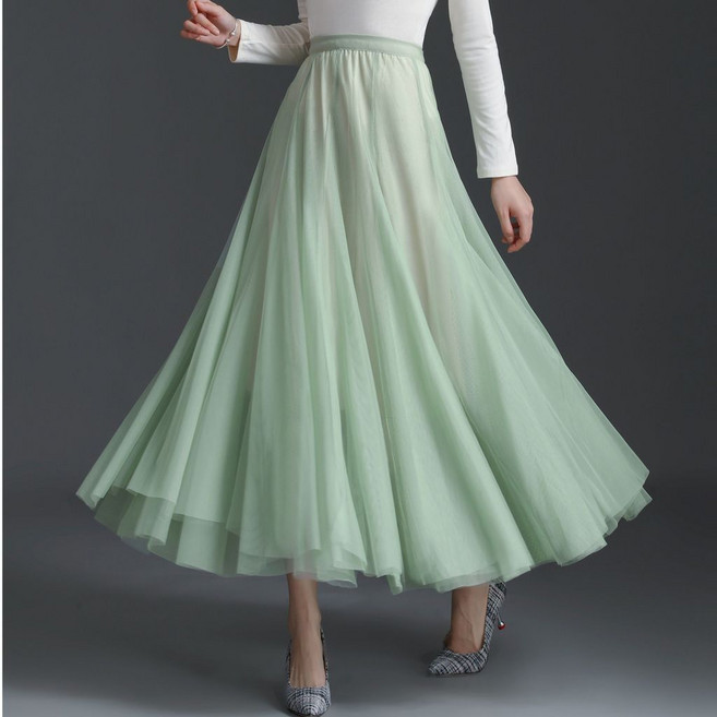 網紗裙 A字版型 中長款高腰半身裙