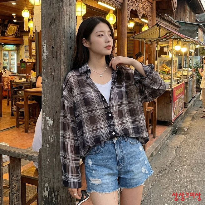 상상그이상 여성용 아사체크 남방 박스핏 간절기 체크셔츠 시스루 레이어드룩 시원한셔츠