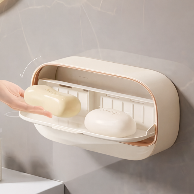 무타공 욕실 벽걸이 떠블수납 비누케이스 화장실 물빠짐 뚜껑형 비누받침, 1개, 크림화이트