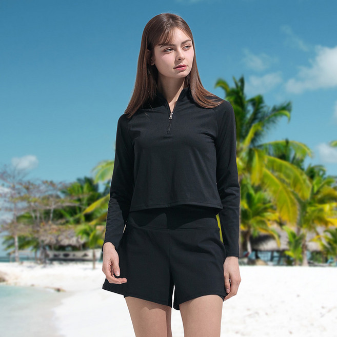 서프닉 여성래쉬가드세트 2피스 반집업+보드숏, BK