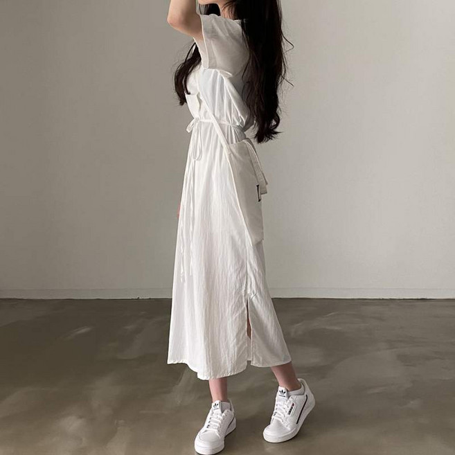 소레수피아 셔츠카라 심플한 벨트 롱 원피스