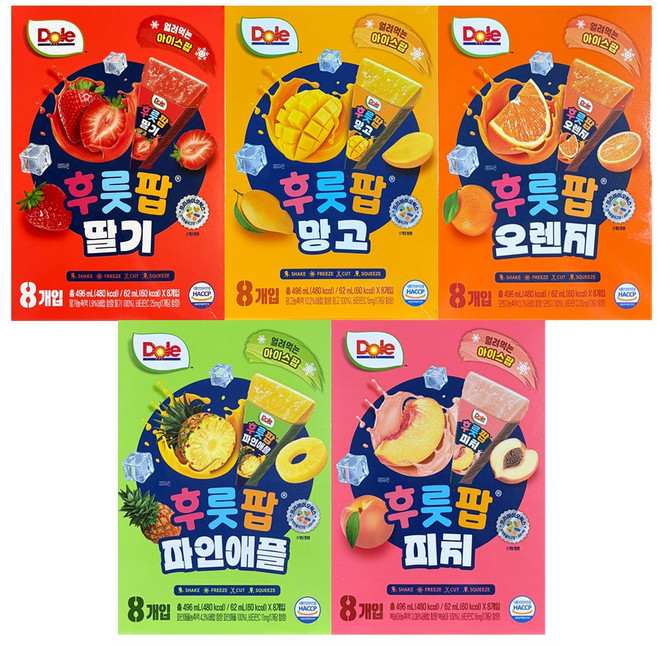 DOLE 돌후룻팝 5종혼합 (망고 오렌지 피치 파인애플 딸기), 5개, 496ml