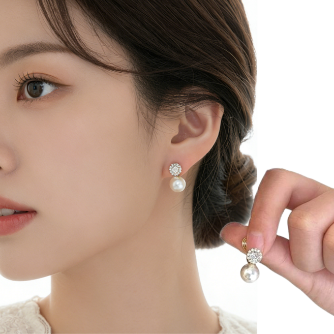 온도비움 여성 925실버 은침 진주 큐빅 드롭 귀걸이 귀찌