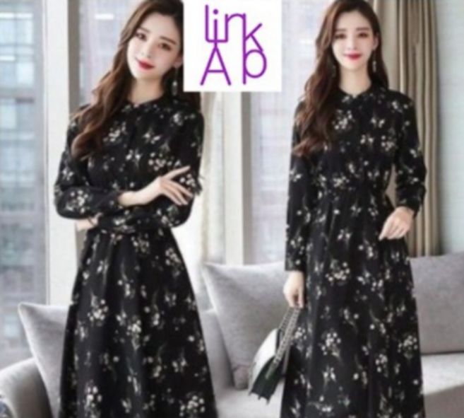 링크어패럴 단정한 꽃무늬 롱 원피스 허리슬림 밴딩 라인 쉬폰 여성롱원피스 긴팔 원피스