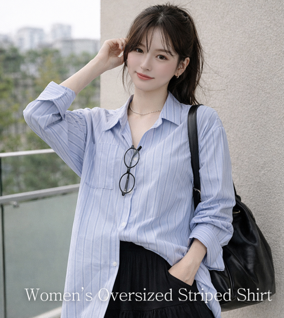 J2 STYLE 여성용 오버핏 스트라이프 셔츠