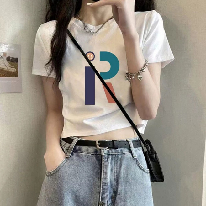 印花T恤女 短袖正肩高腰露臍上衣