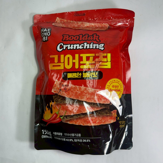 HAE CHO BI BoolDak Crunching 辣炒年糕風味海苔魚片, 150g, 1個