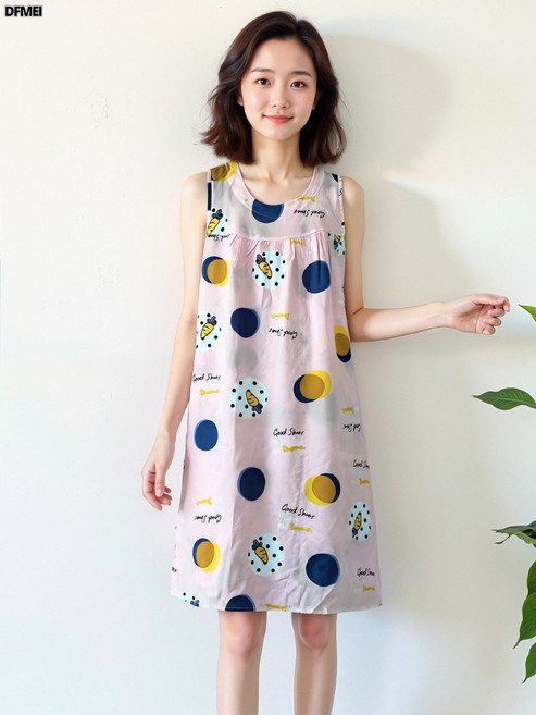 QRU 睡裙女夏加大碼無袖棉綢中長款人造棉寬鬆連衣裙中老睡衣家居服