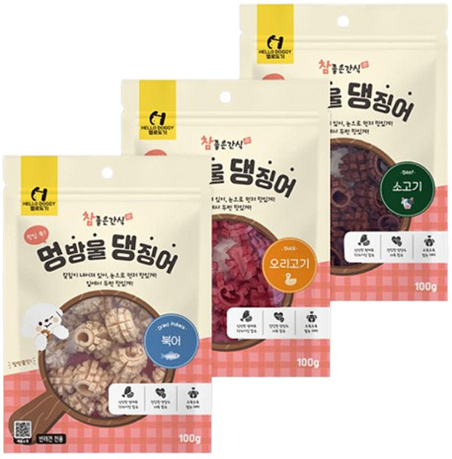 참좋은 간식 멍방울 댕징어(닭/소/오리) 100g 3종믹스 강아지간식 애견간식, 1개, 300g, 혼합3종SET(닭/소/오리)