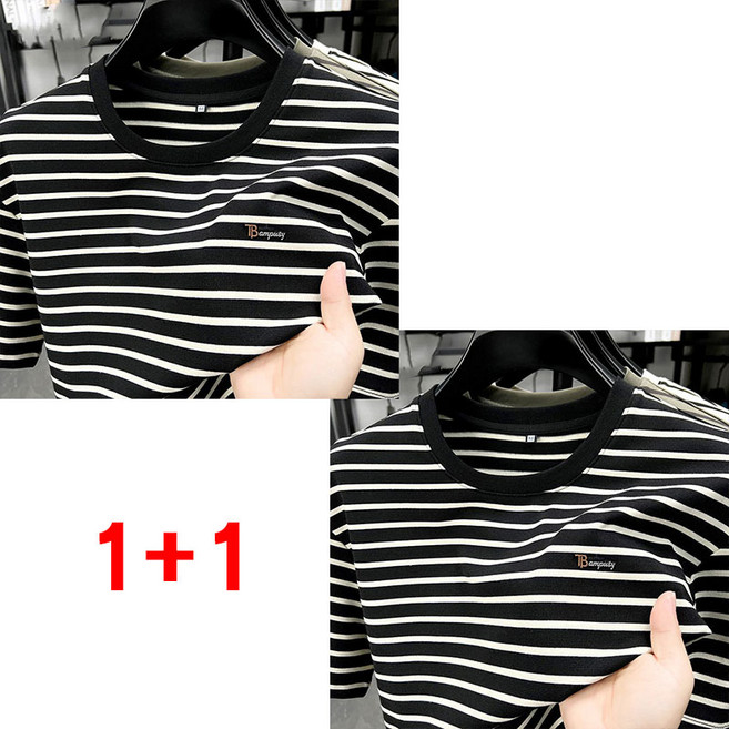 1+1 남성 스트라이프 반팔 티셔츠 여름 프리미엄 루즈핏 트렌디 라운드넥 반팔티 캐주얼 코디 티셔츠 상의 WMY