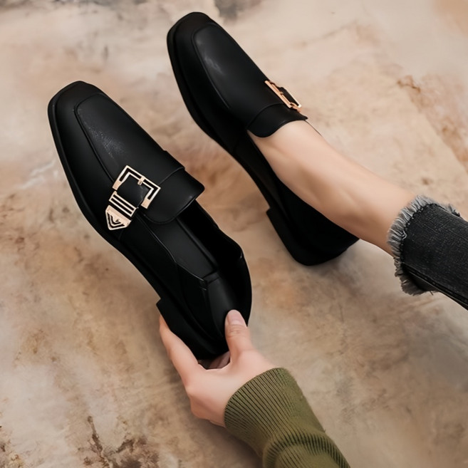 Makone 여성 구두 메탈 장식 코디네이터 굵은 굽 심플 소프트 데일리 로퍼 캐주얼 스타일리시