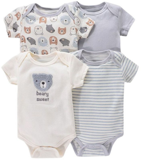 小獅子小舖 純棉嬰兒短袖包屁衣4件組 透氣寶寶衣服 新生兒夏季三角連身衣 白灰小熊款 73碼 (6-9個月適用)