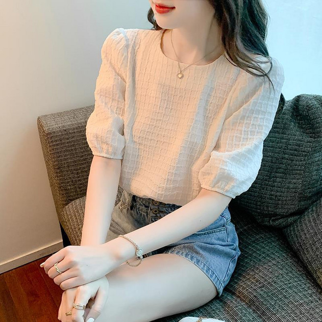 Queen 大尺碼 泡泡袖圓領寬鬆短袖雪紡上衣 女夏2023新款設計感小眾