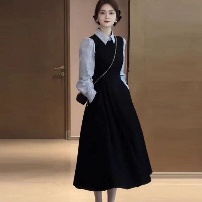 휠렉스 여성 셔츠+원피스 2종 세트 레이어드 롱원피스 A라인 오피스룩 하객룩 JT185