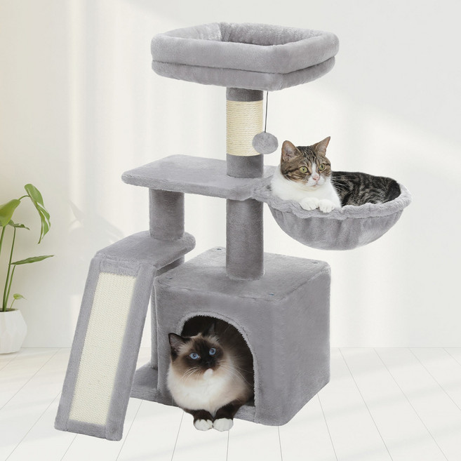PAWZ Road 3단 다색 귀여운 패브릭 고양이 중형 캣타워 선인장 꽃 모양 플라워 전망대+사다리+해먹+숨숨집, 1개, 그레이