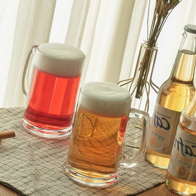 맥주컵 2p 손잡이 유리잔 홈술 카페 디저트 음료 투명 내열, 1개, 유리