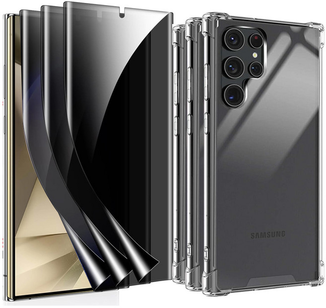 3+3 스톤스틸 갤럭시 S24 플러스 울트라 사생활 보호 지문방지 우레탄 필름 3개 + 투명 범퍼 케이스 3개, 1세트