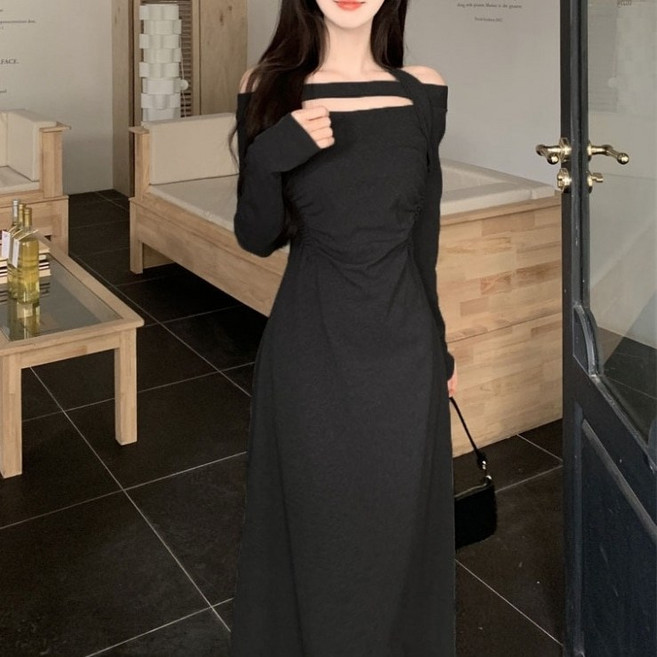 아이엠몽 여성 플레어 오프숄더 홀터 롱 원피스