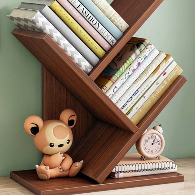 3단 나무모양 y형 책꽂이 사선 지그재그 책꽂이, 브라운