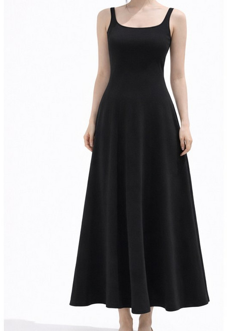 【睿依女裝RYI】極簡背心長洋裝 A字大裙擺 素面U領, 黑色,S 建議體重48-60KG