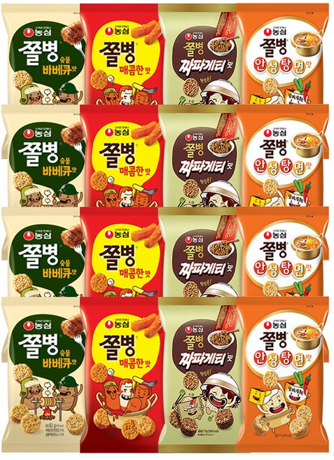 농심 쫄병스낵 4종(매콤한맛+숯불바베큐맛+안성탕면맛+짜파게티맛), 4세트, 318g