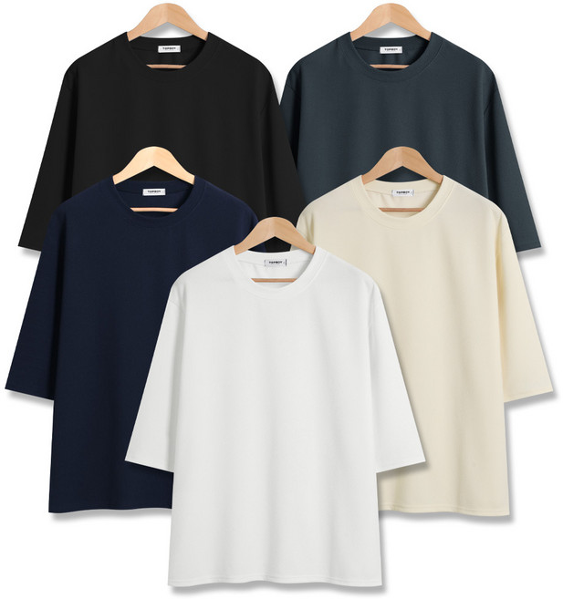 5장 세트 남녀공용 빅사이즈 링클프리 무지 스판 오버핏 7부 티셔츠 (SCC5278PT)