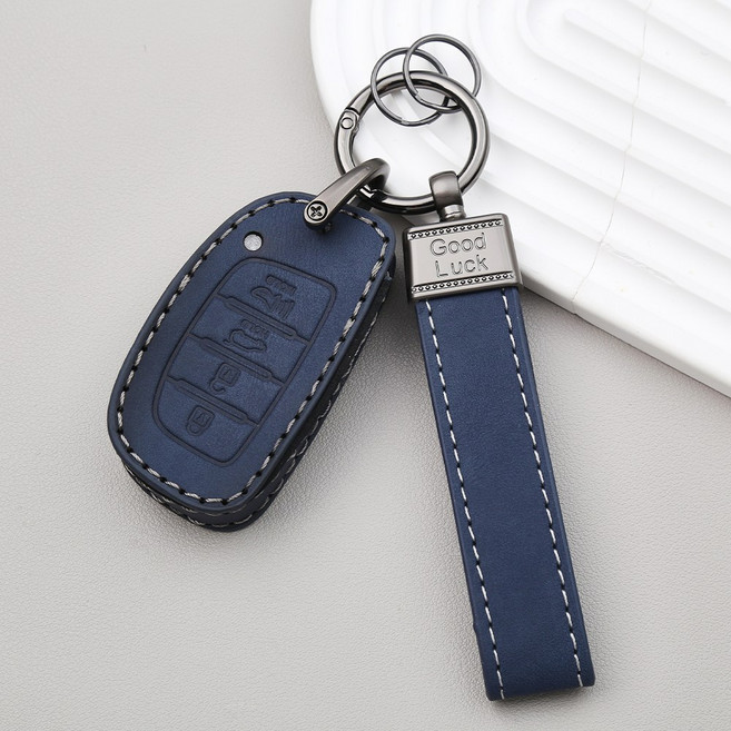 OFFCURVE 현대 가죽 차동차 키케이스+가죽 키홀터 세트 4버튼 스마트키 소나타뉴라이즈 베뉴 아반떼AD 풀커버 적용 키케이스, 02, 네이비