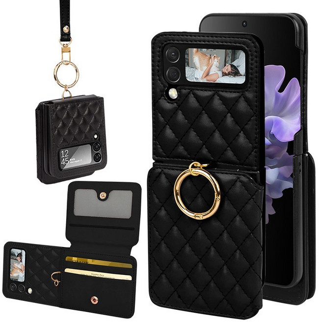 오이키 Z플립케이스 폭신한 레더 휴대폰 케이스 카드 지폐 지갑 + 스트랩