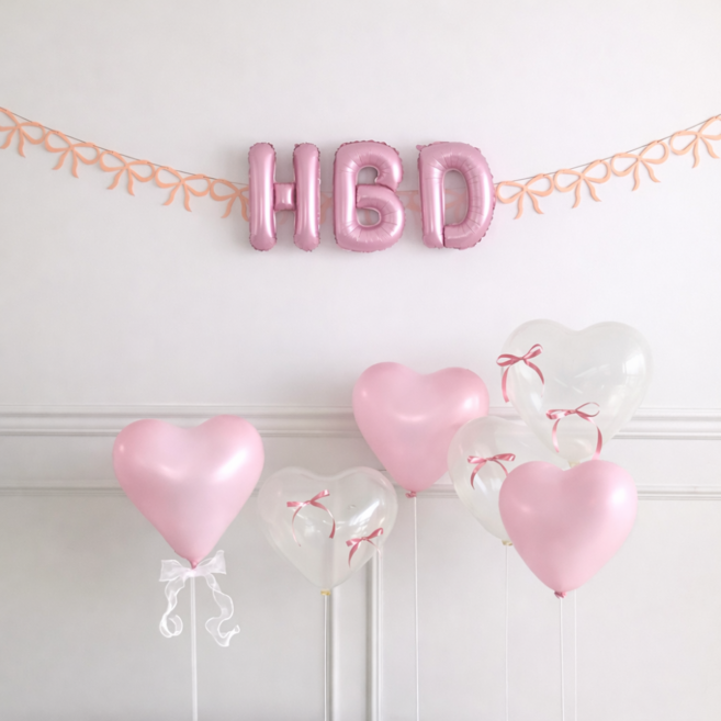 제이하이 파스텔 리본 하트 풍선 생일파티 용품세트, 1세트, 핑크