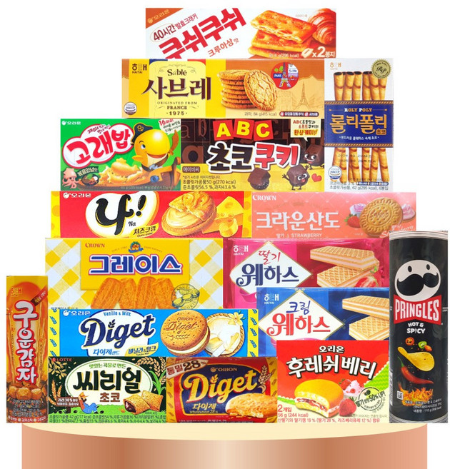 [판다네 마켓] 소형 16종-C 과자세트 (쿠쉬쿠쉬 마리 에이스 프링글스 롤리폴리 구운감자 후레쉬베리 고래밥 다이제씬 그레이스 씨리얼 웨하스 다이제샌드 사브레), 1개