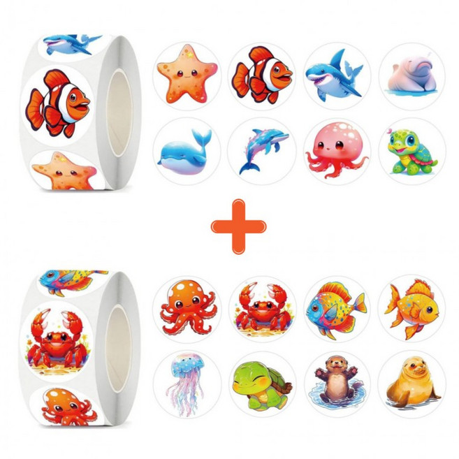 1000매 바다 생물 원형 스티커 2롤 세트, 1세트, 바다생물1+바다생물2