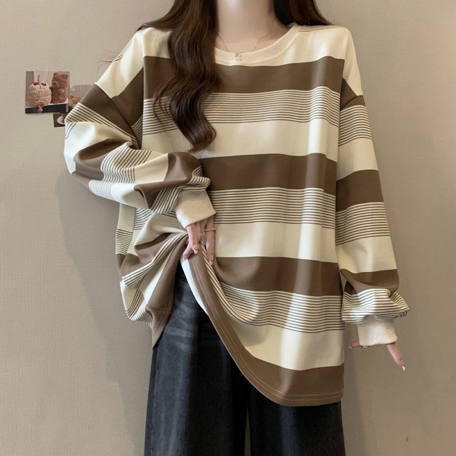 LADYSHARE時尚女裝 韓版多色條紋長袖T恤 寬鬆顯瘦學生休閒百搭上衣