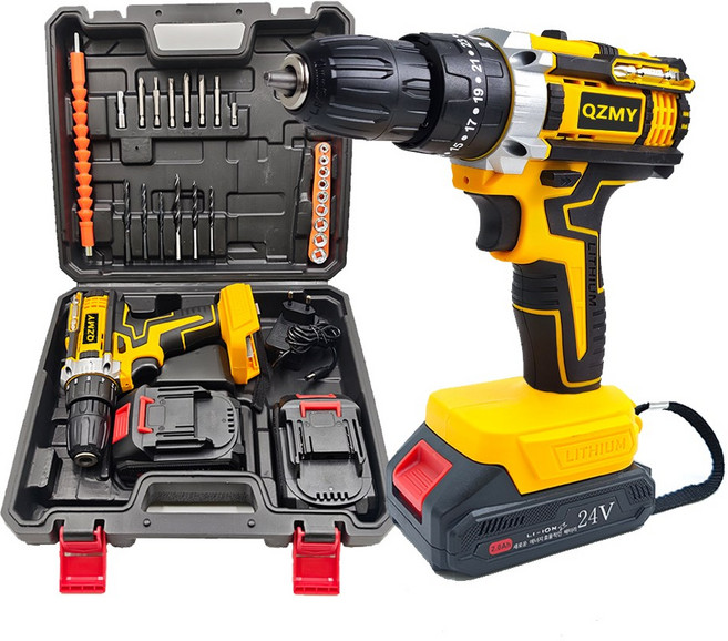 QZMY 24V 무선 전동 드릴 드라이버 고급형 충전 전기 드릴 고급형 베터리 풀세트, 1세트, 본품 + 배터리2개이상