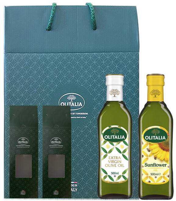 올리타리아 엑스트라버진 올리브유+해바라기씨유 500mlX2P 선물세트, 1세트, 1L