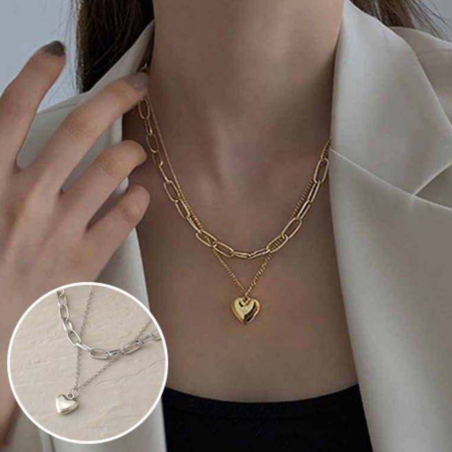 여성 볼드 클립 체인 하트 레이어드 실버 골드 목걸이 2종 세트 A492