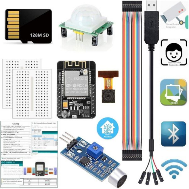 아두이노 키트용 ESP32 CAM 모니터 스냅샷 얼굴 인식 WiFi 블루투스 카메라 모듈 128MB SD 카드 USB-시리얼 케이블 HC-SR501 사운드 센서 호환 IDE튜토