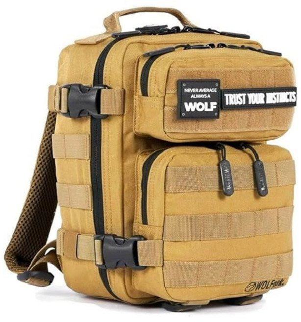 WOLFpak 9L 미니 전술 백팩 | 헬스장 학교 여행용 작고 일상적인 휴대용 가방 내구성이 뛰어나고 방수 기능이 있는 몰 시스템과 패치 패널(블랙 네온 핑크), Khaki
