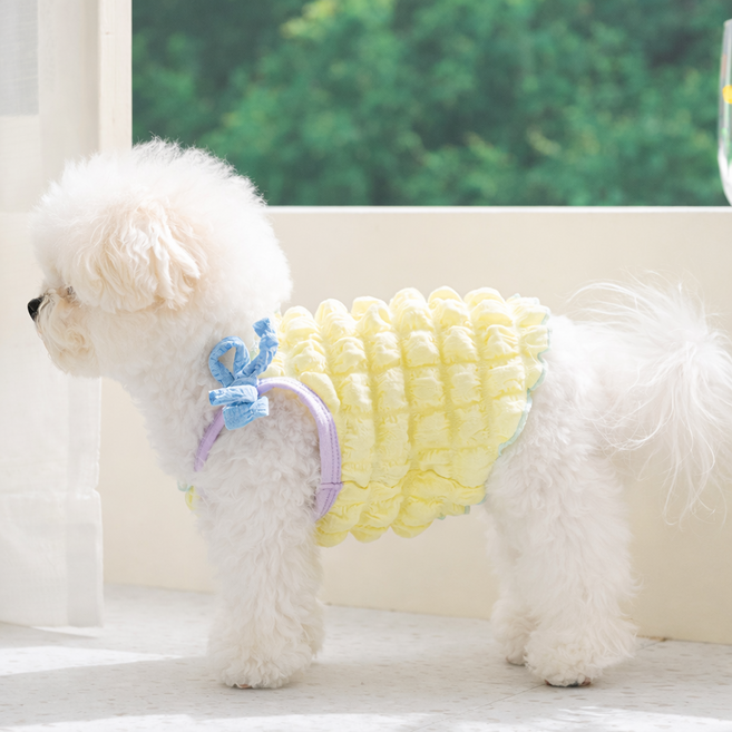 강아지 고양이 봄여름 버블 체크 끈나시 티셔츠 반려동물 민소매 의류, 1개, 옐로우