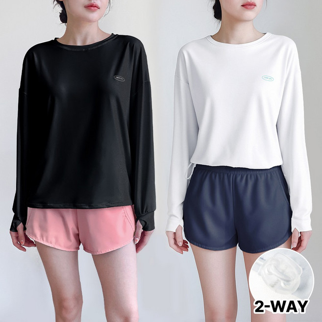 [자체제작] 오르웨인 여성 래쉬가드 상의 빅사이즈 수영복 루즈핏 크롭 스트링, 블랙