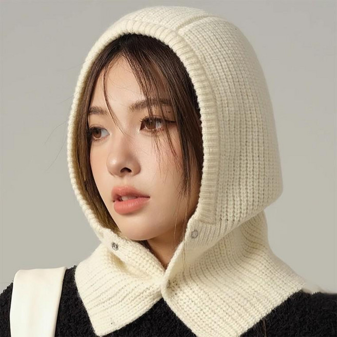 코드클라우드 심플 니트 후드 바라클라바 넥워머 머플러 모자, 심플 아이보리, 1개