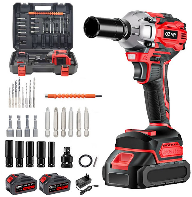 QZMY 21V 고출력 러쉬리스 모터 임팩드릴 880Nm 전동 임팩 렌치 임팩트 드릴 드라이버 마끼다 호환 4.0Ah배터리*2, 1세트