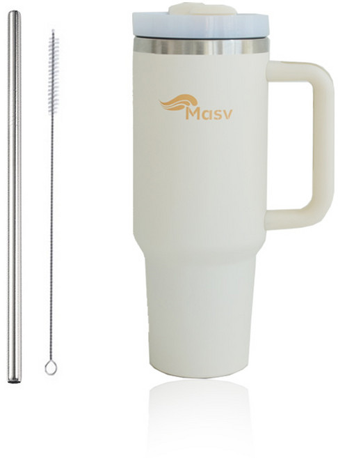 마시뷰 대용량텀블러 +스텐빨대 1.18L 대형텀블러 손잡이텀블러 보온 보냉 스텐빨대 뚜껑 진공텀블러, 크림, 1개