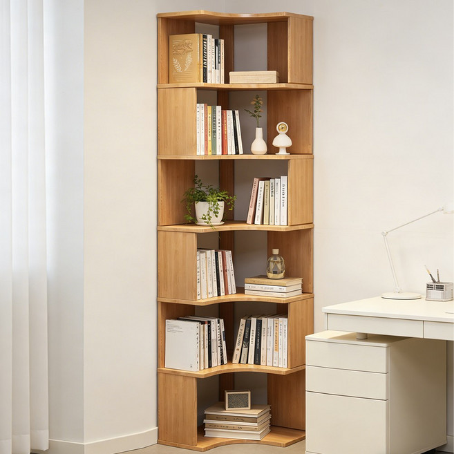 하루꿈 코너 책장 모던 수납장 대용량 사무실 오픈 다층 진열장 거실 서재 가정용 책꽂이, 6단, 원목색