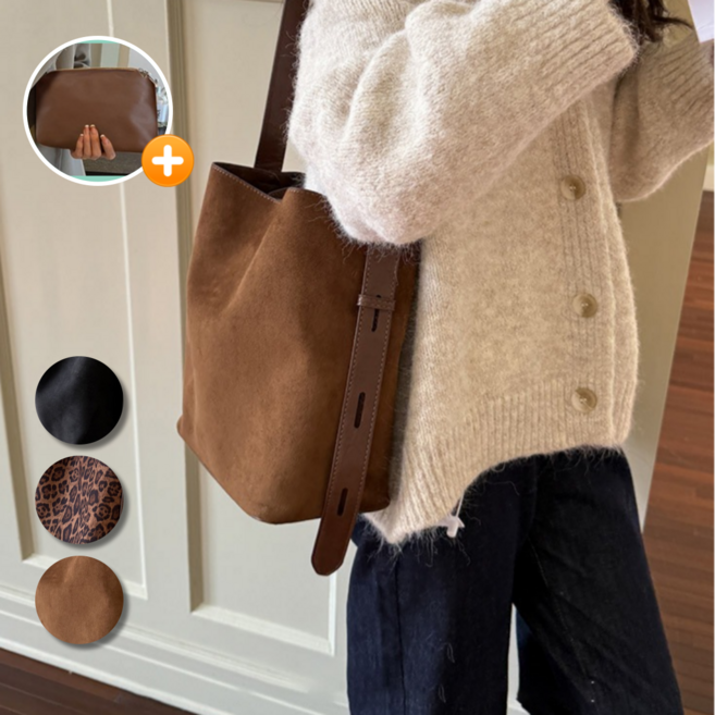 핏몬 여성 스웨이드 숄더 버킷백 끈조절 가방 파우치포함