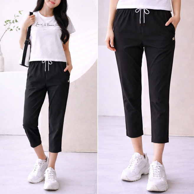 인디오 1+1 여성 루즈핏 쿨스판 8부 밴딩 팬츠 쿨링 편안한 여름바지 부드러운 스판