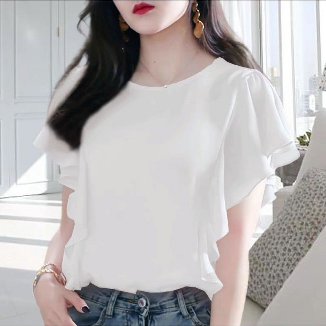 루스리더 여성 프릴 쉬폰 반팔 블라우스 M186