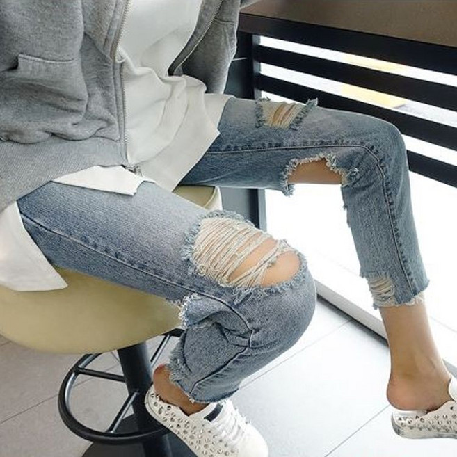 티류으스 여성 일자 찢청 데님바지 앞뒤 찢어진청바지 불규칙